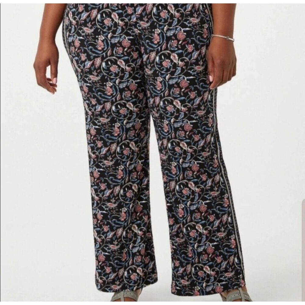 Roz & Ali Black Pink Blue Floral Wide Leg Pants Women's Size 2X